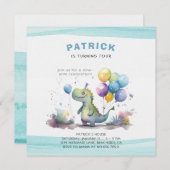 Dino Party Waterverf Boy Blue Verjaardag Kaart (Voorkant / Achterkant)