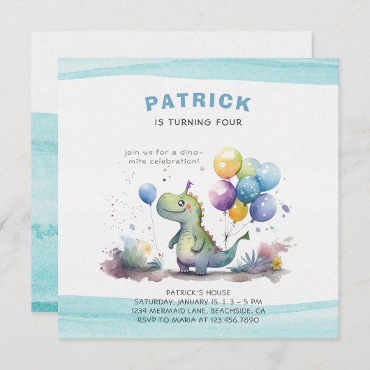 Dino Party Waterverf Boy Blue Verjaardag Kaart (Voorkant / Achterkant)