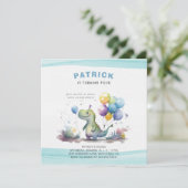 Dino Party Waterverf Boy Blue Verjaardag Kaart (Staand voorkant)