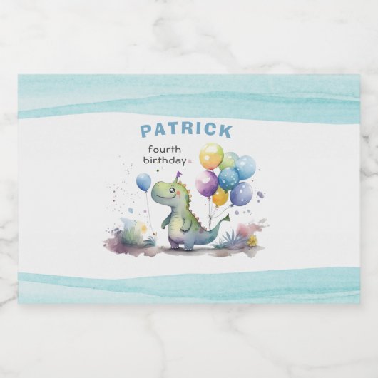 Dino Party Waterverf Boy Blue Verjaardag Likeurfles Etiket (Enkel label)