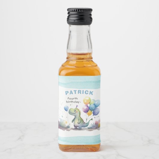 Dino Party Waterverf Boy Blue Verjaardag Likeurfles Etiket (Voorkant)