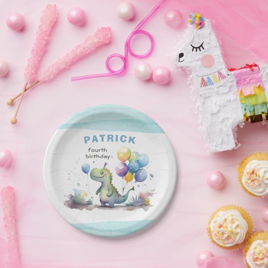Dino Party Waterverf Boy Blue Verjaardag Papieren Bordje (Feest)