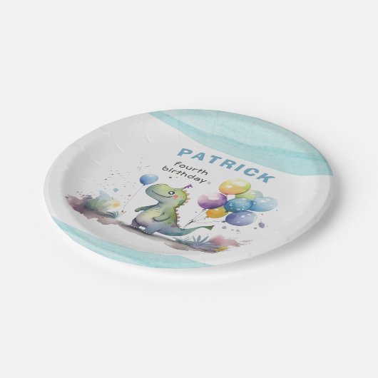 Dino Party Waterverf Boy Blue Verjaardag Papieren Bordje (Gekanteld)