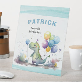 Dino Party Waterverf Boy Blue Verjaardag Reclamebord Met Voetstuk