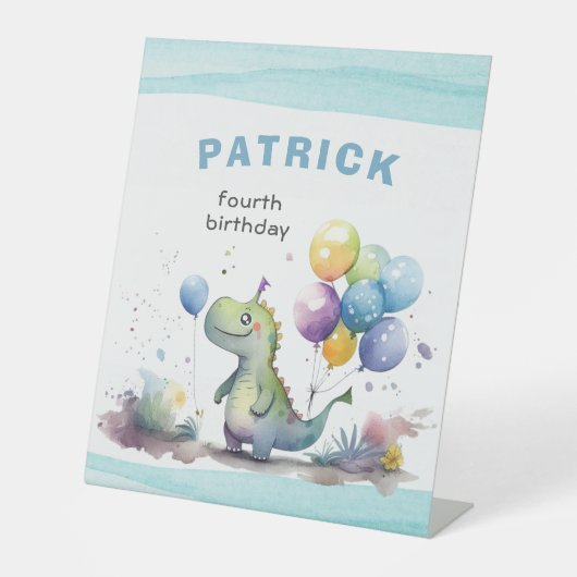 Dino Party Waterverf Boy Blue Verjaardag Reclamebord Met Voetstuk (Voorkant)