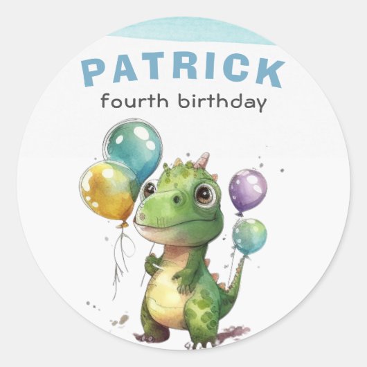 Dino Party Waterverf Boy Blue Verjaardag Ronde Sticker (Voorkant)