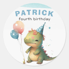 Dino Party Waterverf Boy Blue Verjaardag Ronde Sticker