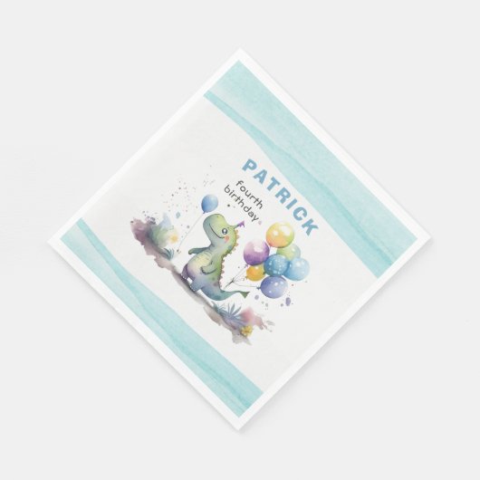 Dino Party Waterverf Boy Blue Verjaardag Servet (Hoek)