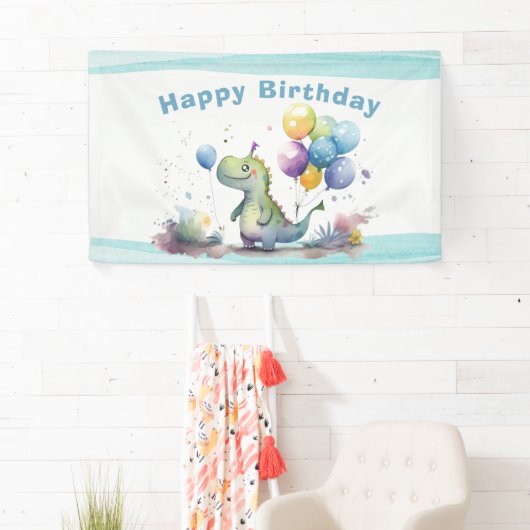 Dino Party Waterverf Boy Blue Verjaardag Spandoek (Insitu)