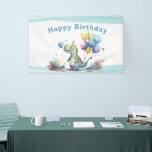 Dino Party Waterverf Boy Blue Verjaardag Spandoek