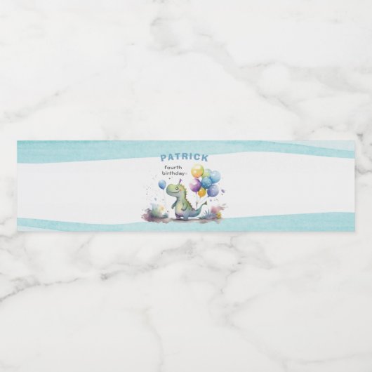 Dino Party Waterverf Boy Blue Verjaardag Waterfles Etiket (Enkel label)