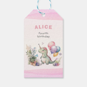 Dino Party Waterverf Meisje Roze Verjaardag Cadeaulabel