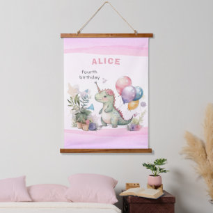 Dino Party Waterverf Meisje Roze Verjaardag Hangend Wandkleed