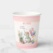 Dino Party Waterverf Meisje Roze Verjaardag Papieren Bekers (Achterkant)