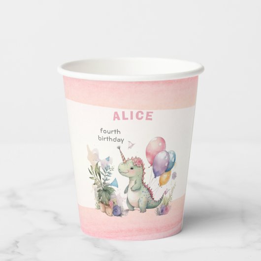 Dino Party Waterverf Meisje Roze Verjaardag Papieren Bekers (Achterkant)