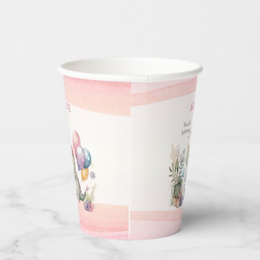 Dino Party Waterverf Meisje Roze Verjaardag Papieren Bekers (Rechts)