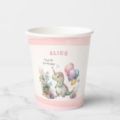 Dino Party Waterverf Meisje Roze Verjaardag Papieren Bekers (Voorkant)