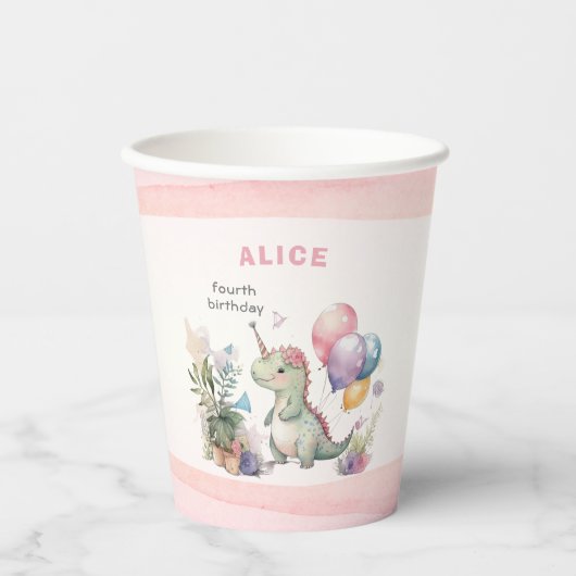 Dino Party Waterverf Meisje Roze Verjaardag Papieren Bekers (Voorkant)