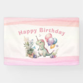 Dino Party Waterverf Meisje Roze Verjaardag Spandoek (Horizontaal)