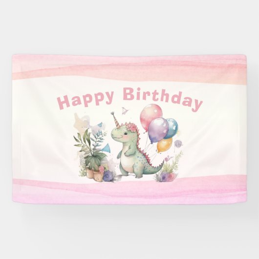 Dino Party Waterverf Meisje Roze Verjaardag Spandoek (Horizontaal)