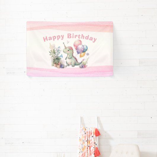Dino Party Waterverf Meisje Roze Verjaardag Spandoek (Insitu)