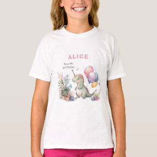Dino Party Waterverf Meisje Roze Verjaardag T-shirt