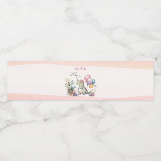 Dino Party Waterverf Meisje Roze Verjaardag Waterfles Etiket (Enkel label)