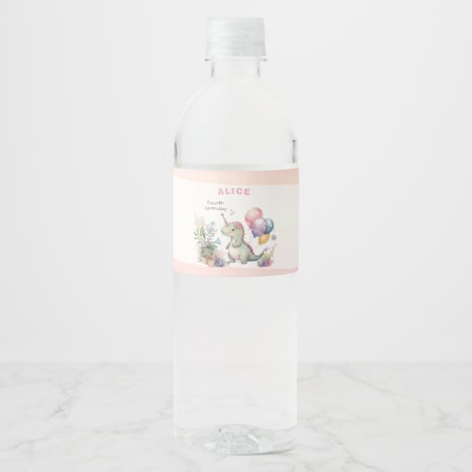 Dino Party Waterverf Meisje Roze Verjaardag Waterfles Etiket (Voorkant)