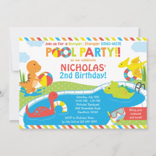Dino Pool Party Invitation, Pool Party Invite Kaart (Voorkant)