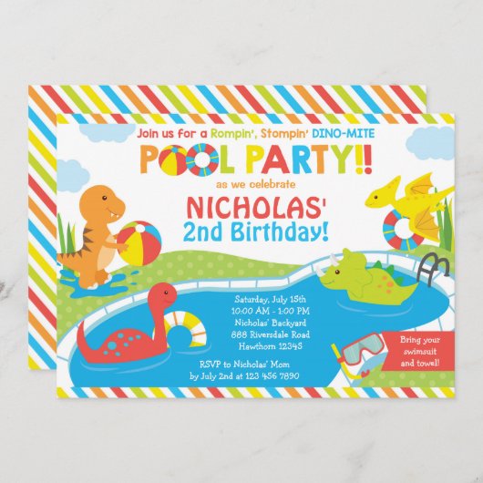 Dino Pool Party Invitation, Pool Party Invite Kaart (Voorkant / Achterkant)
