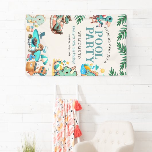 Dino Pool Party Uitnodiging voor verjaardag Spandoek (Insitu)