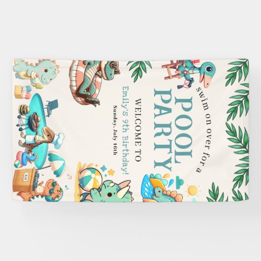 Dino Pool Party Uitnodiging voor verjaardag Spandoek (Horizontaal)