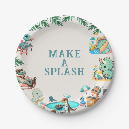 Dino Pool Party Verjaardag Papieren Bordje (Voorkant)
