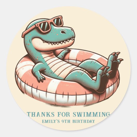 Dino Pool Party Verjaardag Ronde Sticker (Voorkant)