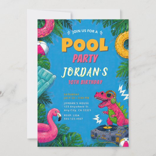 Dino Pool Party Verjaardagsuitnodiging Kaart (Voorkant)