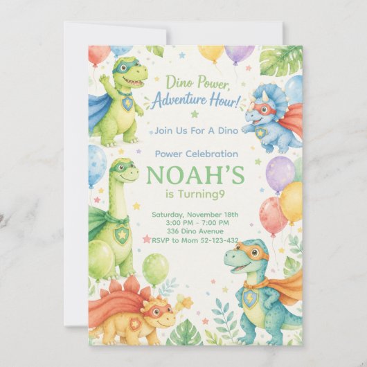 Dino Power Adventure Hour Watercolor Dinosaur Kaart (Voorkant)