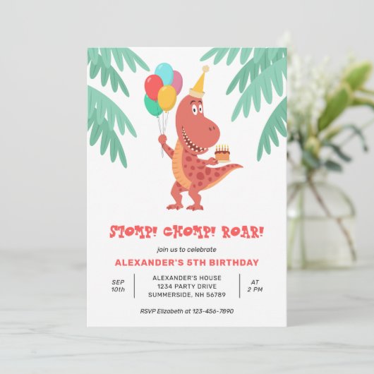 Dino Rex Dinosaurus Cake Balloon 5e Verjaardagsfee Kaart (Staand voorkant)