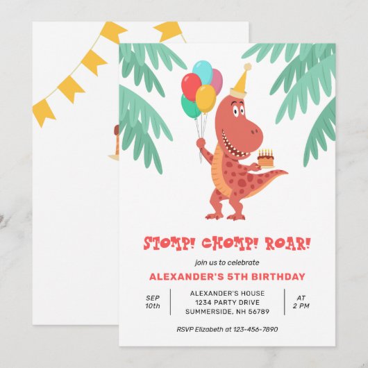 Dino Rex Dinosaurus Cake Balloon 5e Verjaardagsfee Kaart (Voorkant / Achterkant)