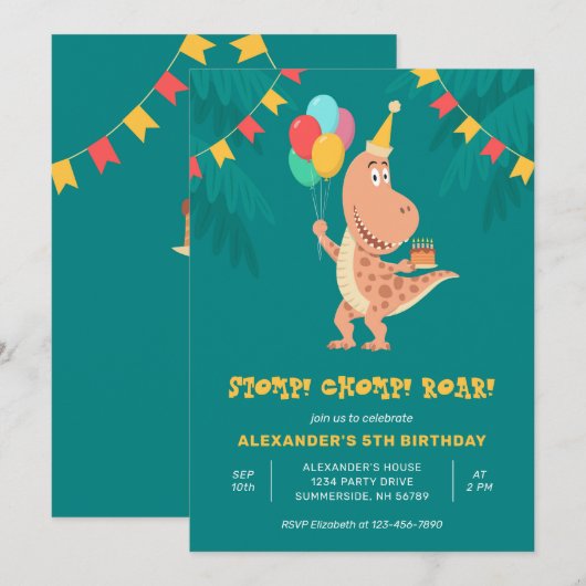 Dino Rex Dinosaurus Cake Balloon 5e Verjaardagsfee Kaart (Voorkant / Achterkant)