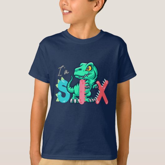 Dino Rex Ik ben 6 Verjaardags jongen zes Terug naa T-shirt (Voorkant)