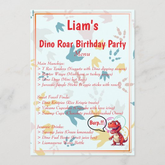 Dino Roar verjaardagsfeestje Menu (Voorkant)