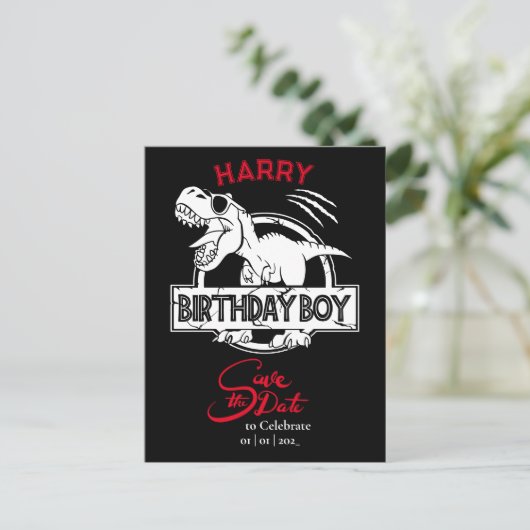 Dino, sla de datum van de Birthday Boy op. Briefkaart (Staand voorkant)