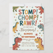 Dino Stomp Chomp BRUL Eerste Verjaardagsfeest Kaart (Voorkant)