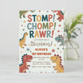 Dino Stomp Chomp BRUL Eerste Verjaardagsfeest Kaart (Staand voorkant)