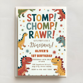 Dino Stomp Chomp BRUL Eerste Verjaardagsfeest Kaart