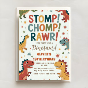 Dino Stomp Chomp BRUL Eerste Verjaardagsfeest Kaart