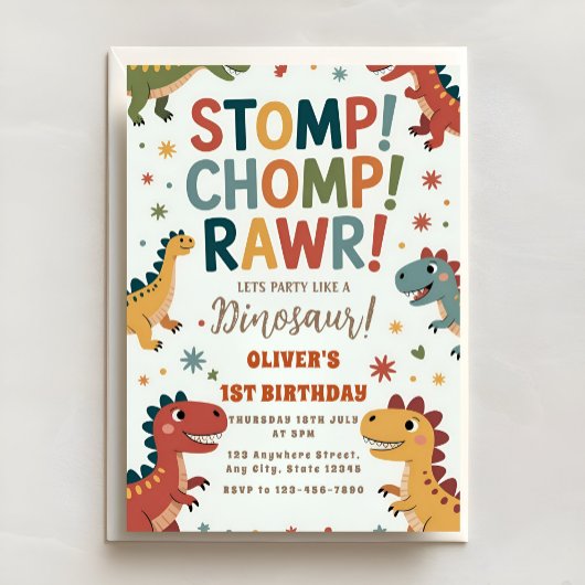 Dino Stomp Chomp BRUL Eerste Verjaardagsfeest Kaart