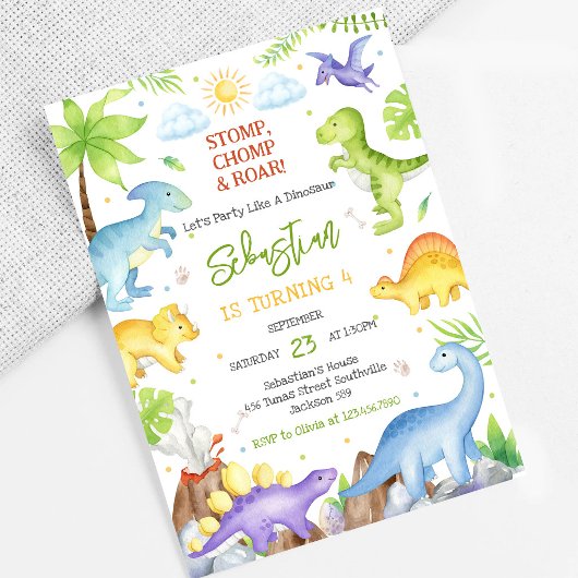 Dino Stomp Chomp Brul Verjaardagsfeestje Kaart