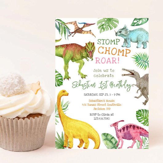 Dino Stomp Chomp Brul Verjaardagsfeestje  Kaart