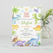 Dino Stomp Chomp Brul Verjaardagsfeestje Kaart (Staand voorkant)
